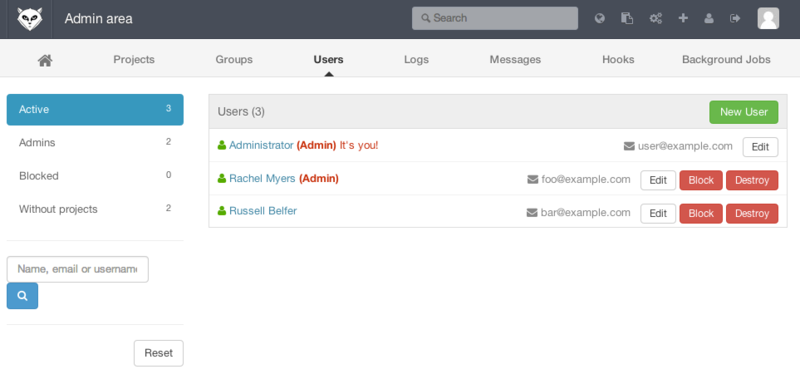 The GitLab user administration screen.